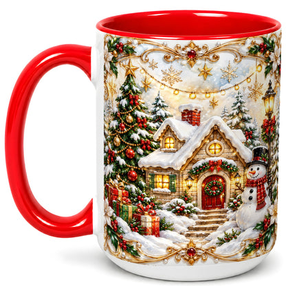 #pl[15oz|Red] Ornate Christmas Cottage Coffee Mug, Snowman Mug, Ceramic Cup
