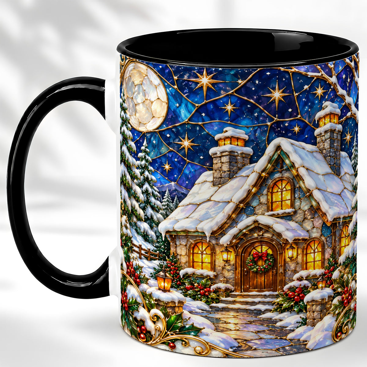#pl[11oz|Black] Winter Cottage Coffee Mug, Stained Glass Style Mug, Ceramic Cup