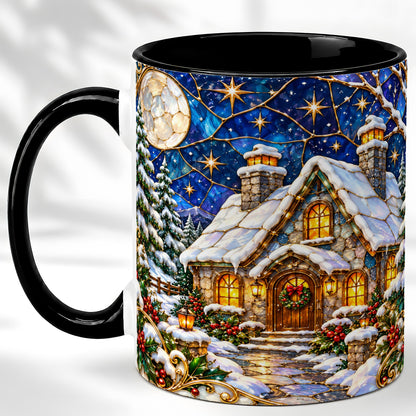 #pl[11oz|Black] Winter Cottage Coffee Mug, Stained Glass Style Mug, Ceramic Cup