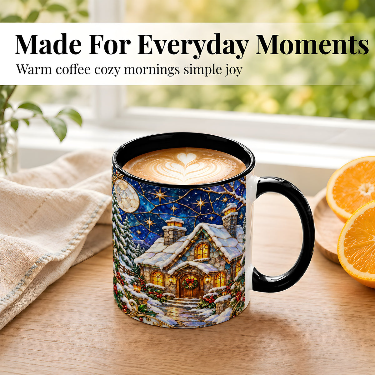 #pl[11oz|Black] Winter Cottage Coffee Mug, Stained Glass Style Mug, Ceramic Cup