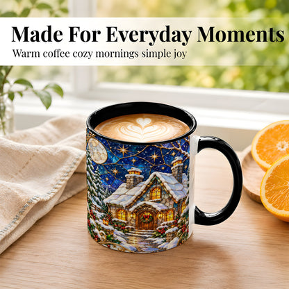 #pl[11oz|Black] Winter Cottage Coffee Mug, Stained Glass Style Mug, Ceramic Cup