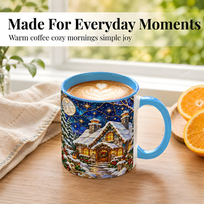 #pl[11oz|Blue] Winter Cottage Coffee Mug, Stained Glass Style Mug, Ceramic Cup