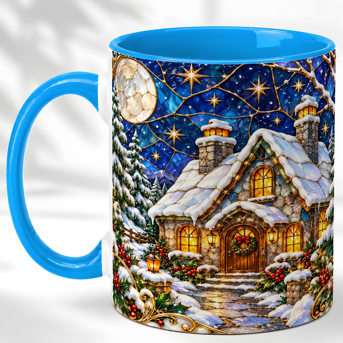 #pl[11oz|Blue] Winter Cottage Coffee Mug, Stained Glass Style Mug, Ceramic Cup
