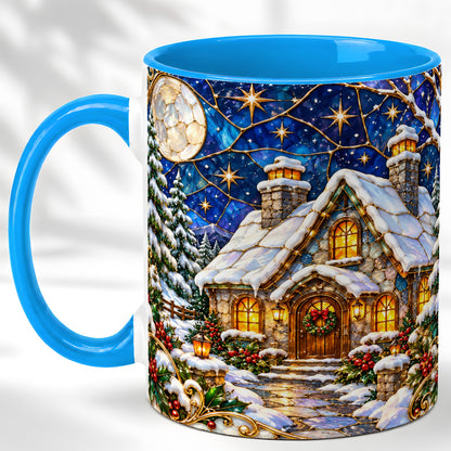 #pl[11oz|Blue] Winter Cottage Coffee Mug, Stained Glass Style Mug, Ceramic Cup