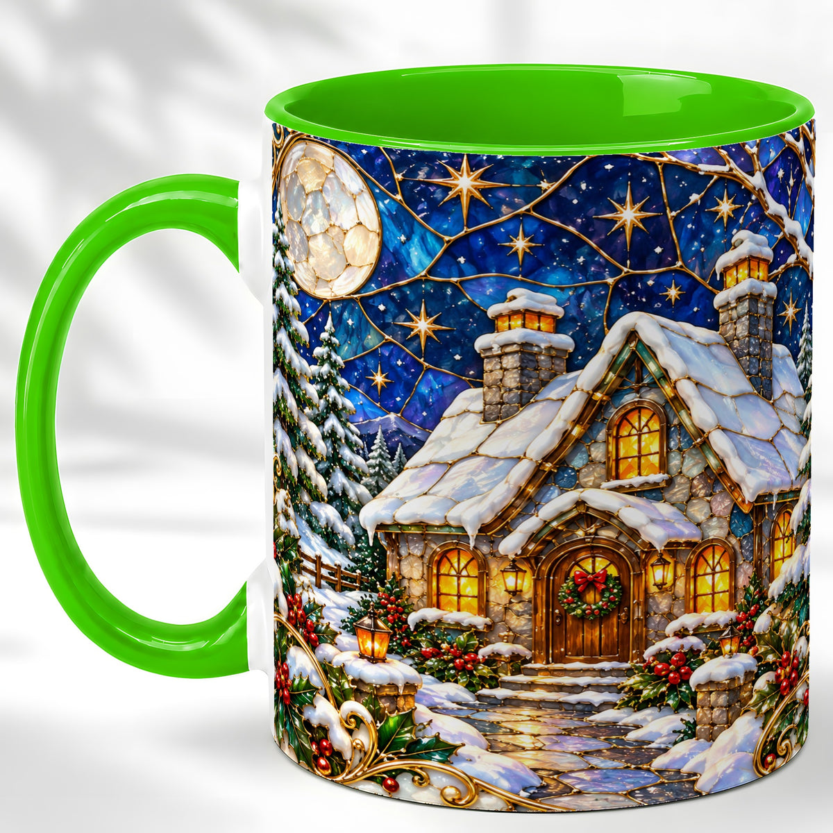 #pl[11oz|Green] Winter Cottage Coffee Mug, Stained Glass Style Mug, Ceramic Cup