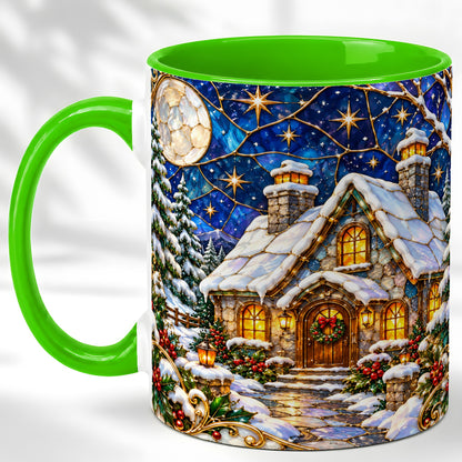 #pl[11oz|Green] Winter Cottage Coffee Mug, Stained Glass Style Mug, Ceramic Cup