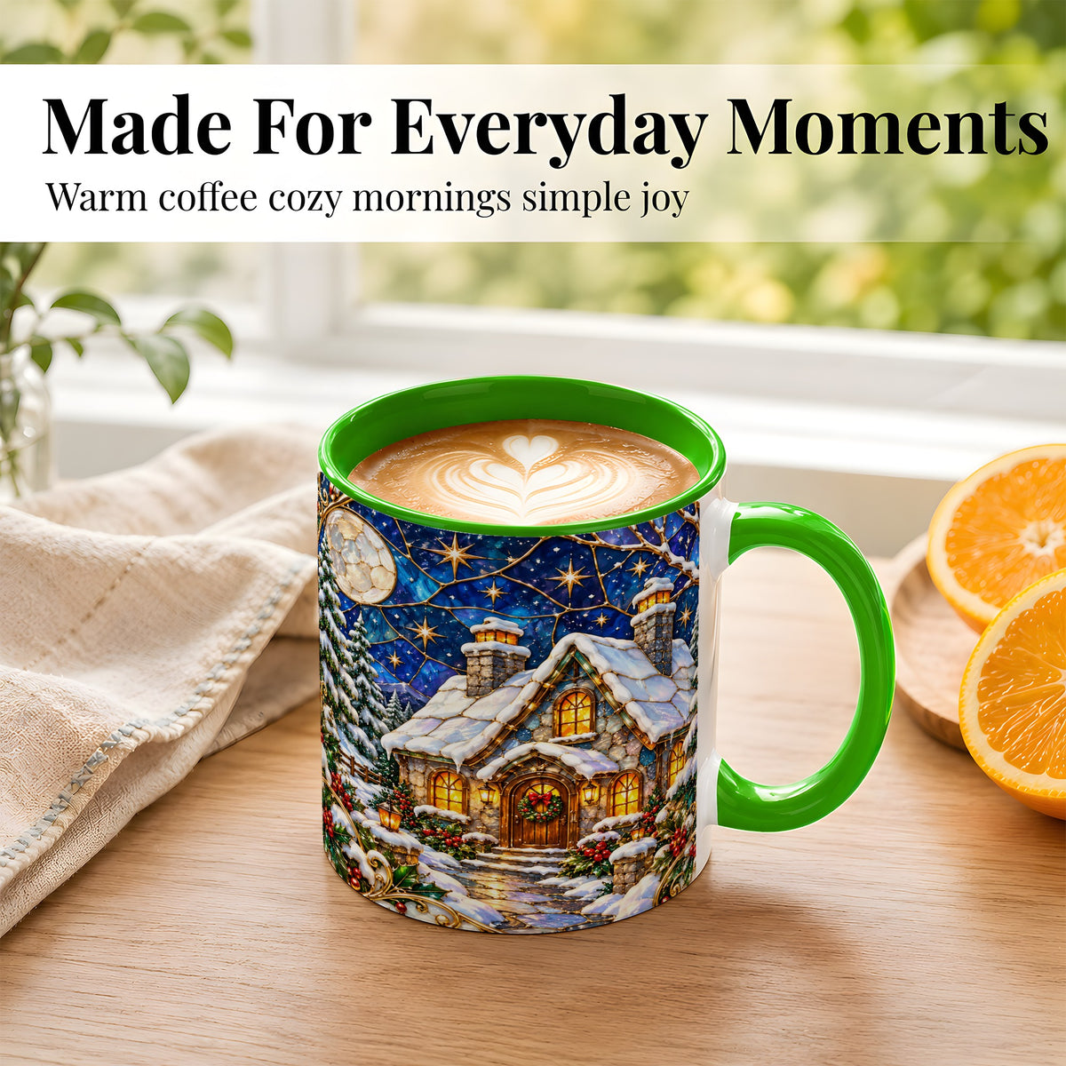 #pl[11oz|Green] Winter Cottage Coffee Mug, Stained Glass Style Mug, Ceramic Cup