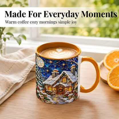 #pl[11oz|Orange] Winter Cottage Coffee Mug, Stained Glass Style Mug, Ceramic Cup