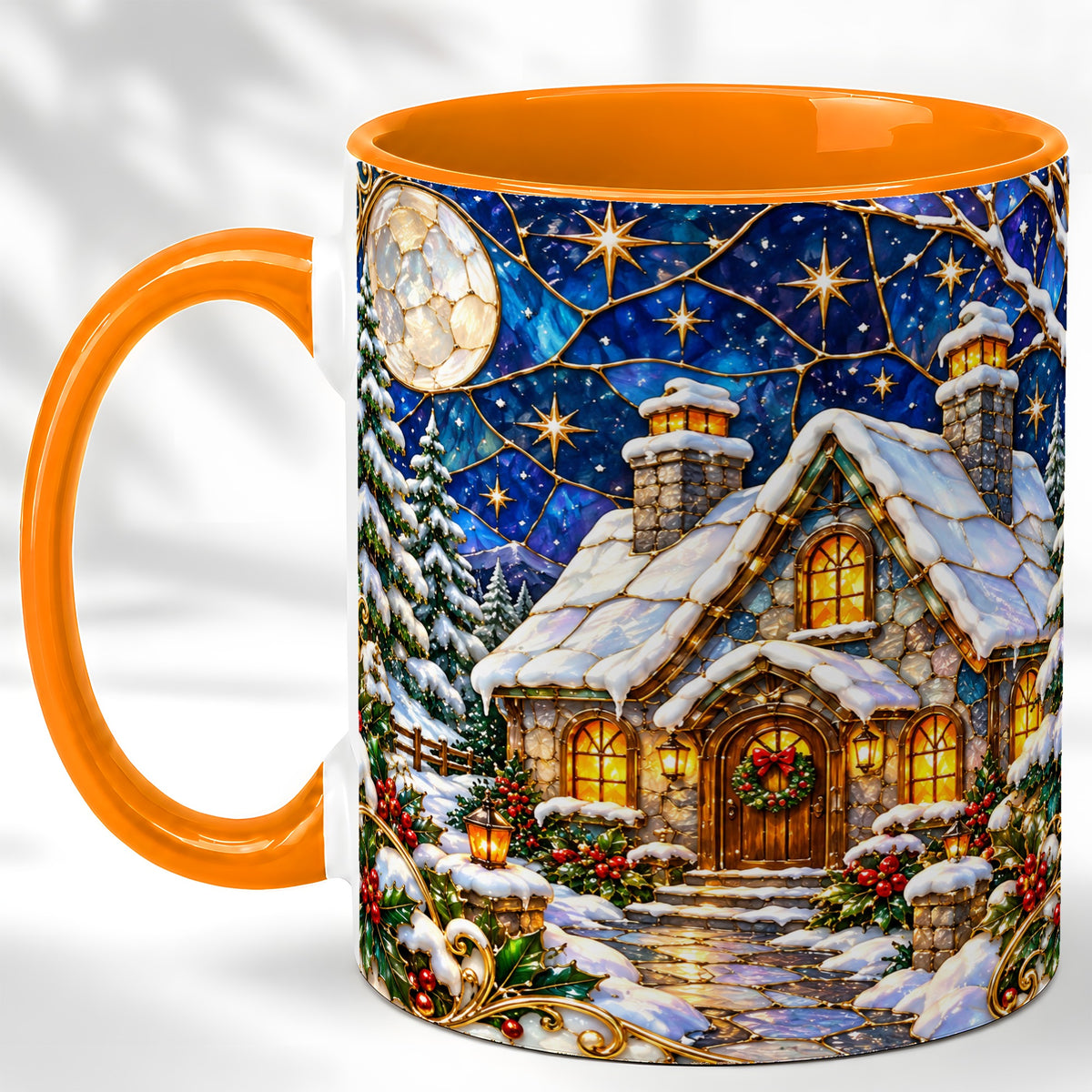 #pl[11oz|Orange] Winter Cottage Coffee Mug, Stained Glass Style Mug, Ceramic Cup
