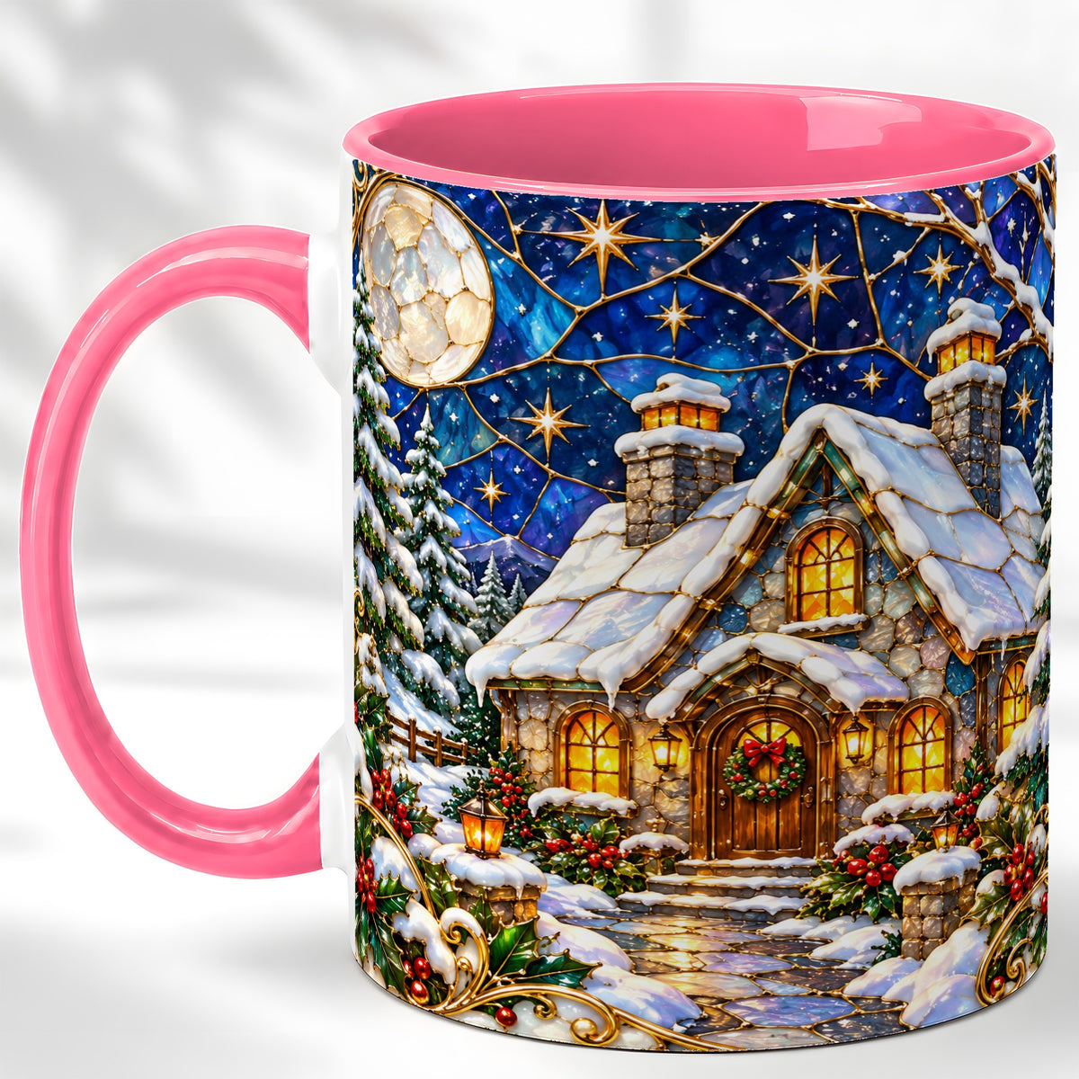 #pl[11oz|Pink] Winter Cottage Coffee Mug, Stained Glass Style Mug, Ceramic Cup
