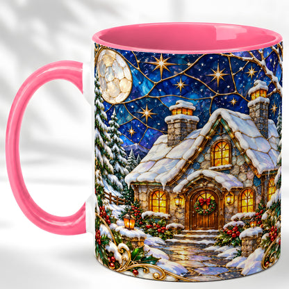 #pl[11oz|Pink] Winter Cottage Coffee Mug, Stained Glass Style Mug, Ceramic Cup