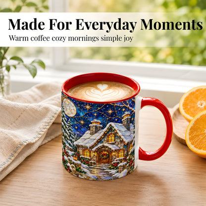 #pl[11oz|Red] Winter Cottage Coffee Mug, Stained Glass Style Mug, Ceramic Cup