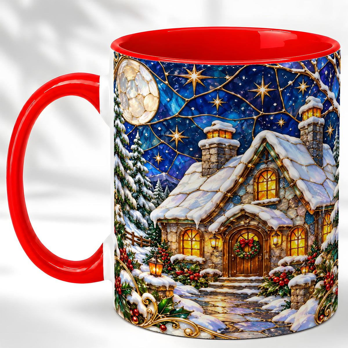 Winter Cottage Coffee Mug, Stained Glass Style Mug, Ceramic Cup