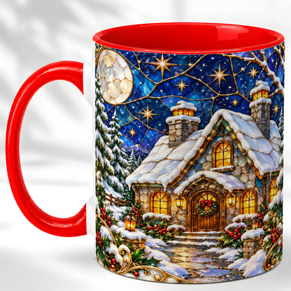 Winter Cottage Coffee Mug, Stained Glass Style Mug, Ceramic Cup