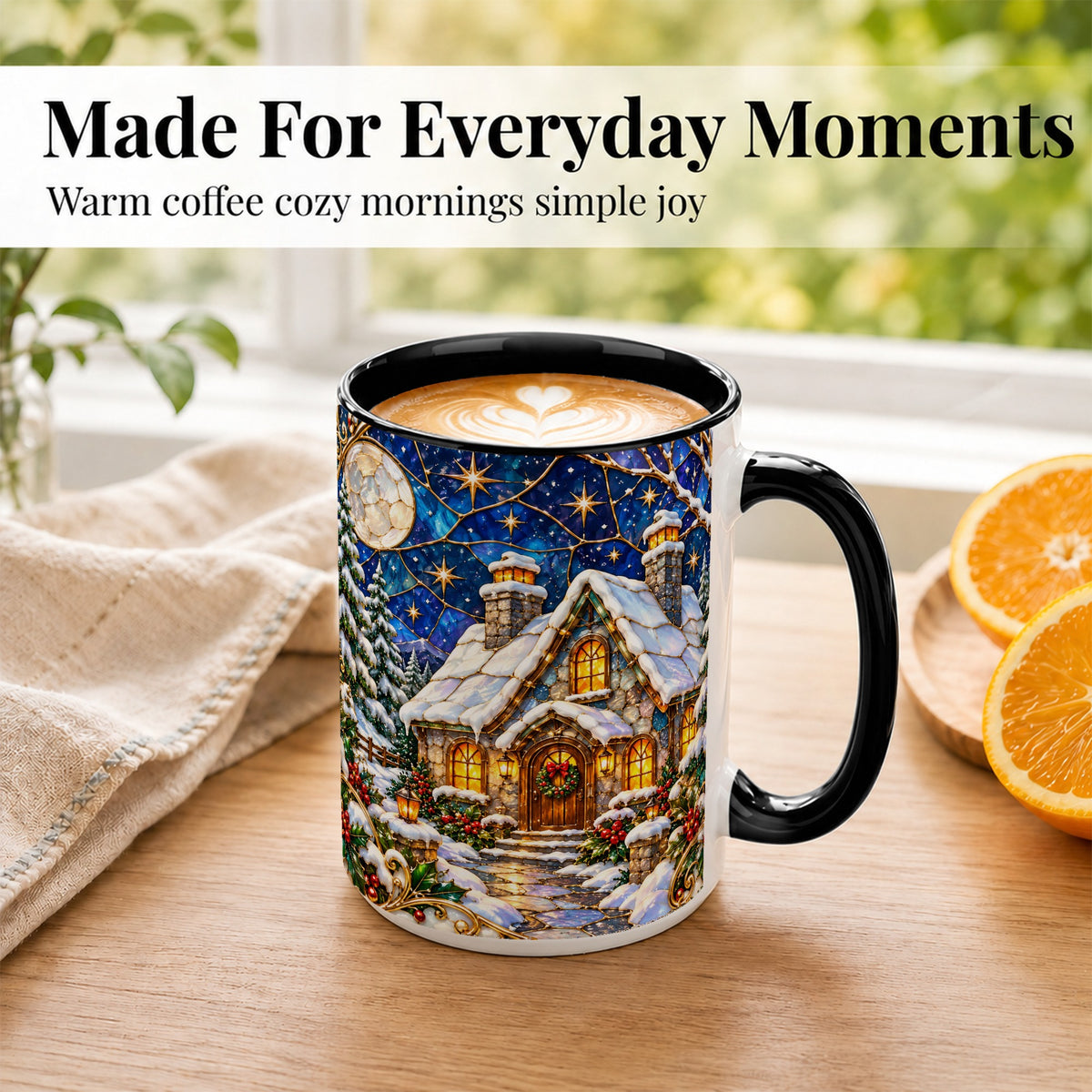 #pl[15oz|Black] Winter Cottage Coffee Mug, Stained Glass Style Mug, Ceramic Cup