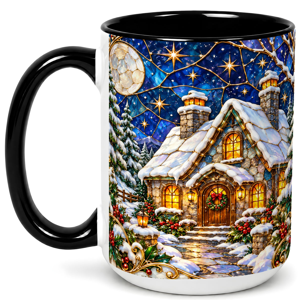 #pl[15oz|Black] Winter Cottage Coffee Mug, Stained Glass Style Mug, Ceramic Cup