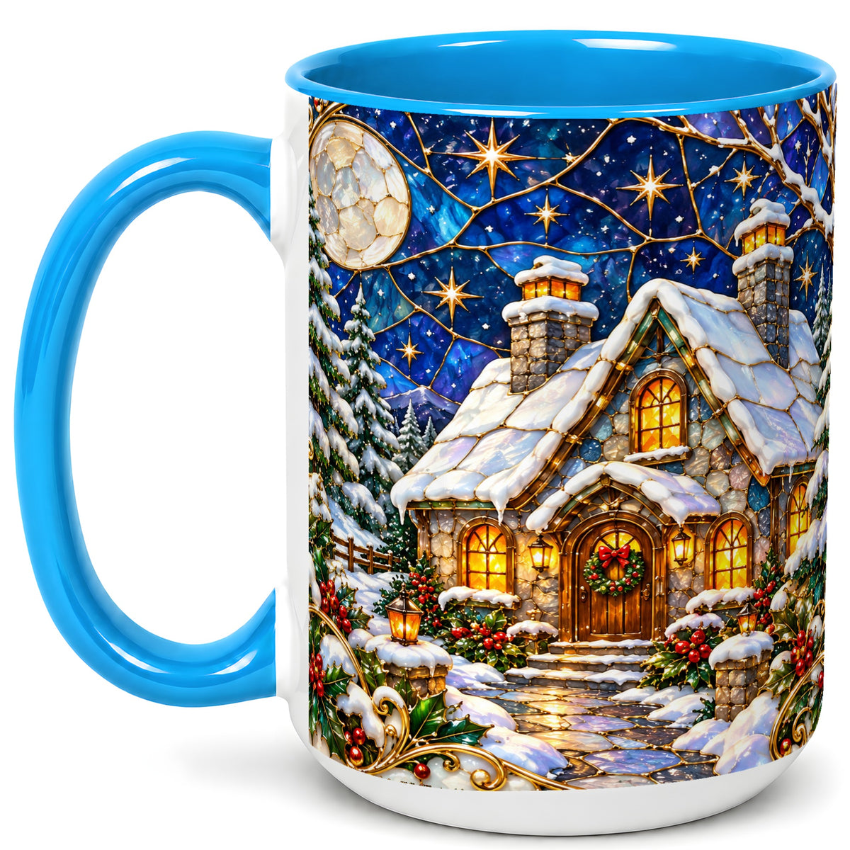 #pl[15oz|Blue] Winter Cottage Coffee Mug, Stained Glass Style Mug, Ceramic Cup
