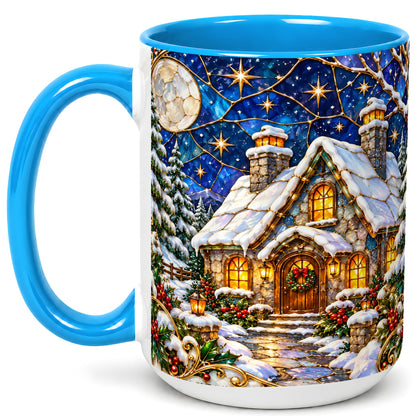 #pl[15oz|Blue] Winter Cottage Coffee Mug, Stained Glass Style Mug, Ceramic Cup