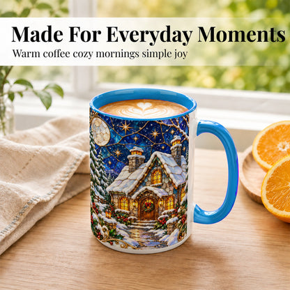 #pl[15oz|Blue] Winter Cottage Coffee Mug, Stained Glass Style Mug, Ceramic Cup