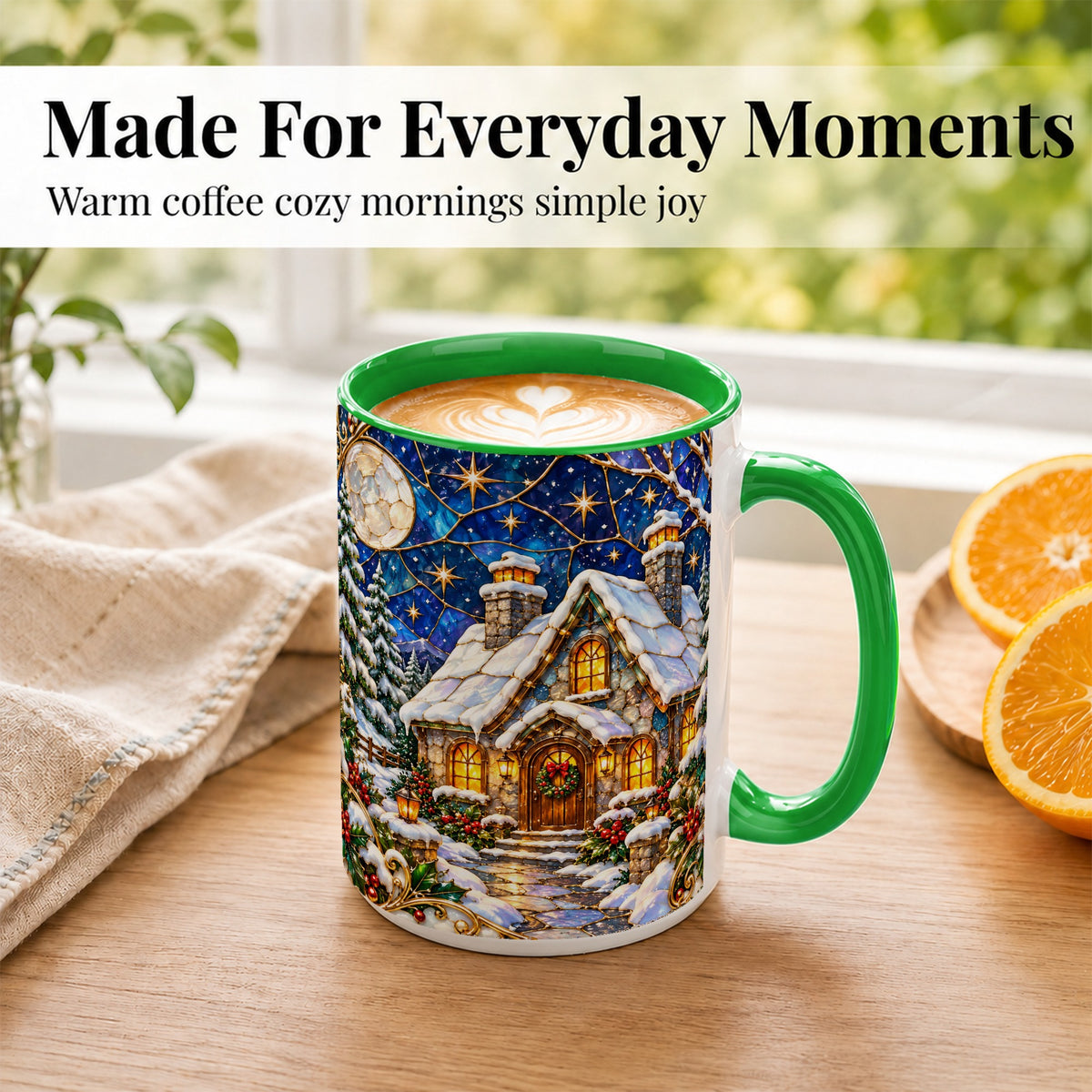#pl[15oz|Green] Winter Cottage Coffee Mug, Stained Glass Style Mug, Ceramic Cup