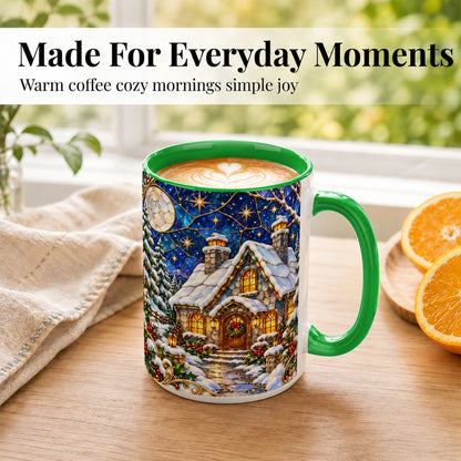 #pl[15oz|Green] Winter Cottage Coffee Mug, Stained Glass Style Mug, Ceramic Cup