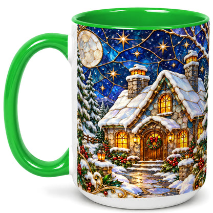 #pl[15oz|Green] Winter Cottage Coffee Mug, Stained Glass Style Mug, Ceramic Cup