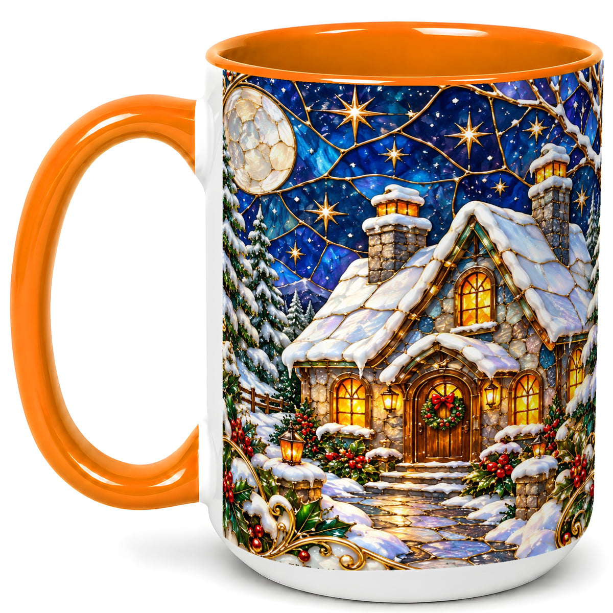 #pl[15oz|Orange] Winter Cottage Coffee Mug, Stained Glass Style Mug, Ceramic Cup