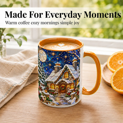 #pl[15oz|Orange] Winter Cottage Coffee Mug, Stained Glass Style Mug, Ceramic Cup