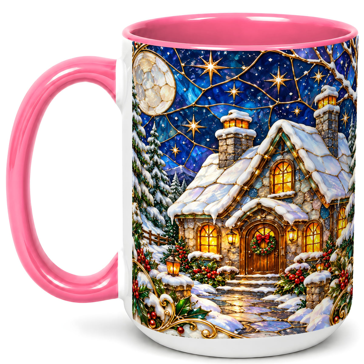#pl[15oz|Pink] Winter Cottage Coffee Mug, Stained Glass Style Mug, Ceramic Cup