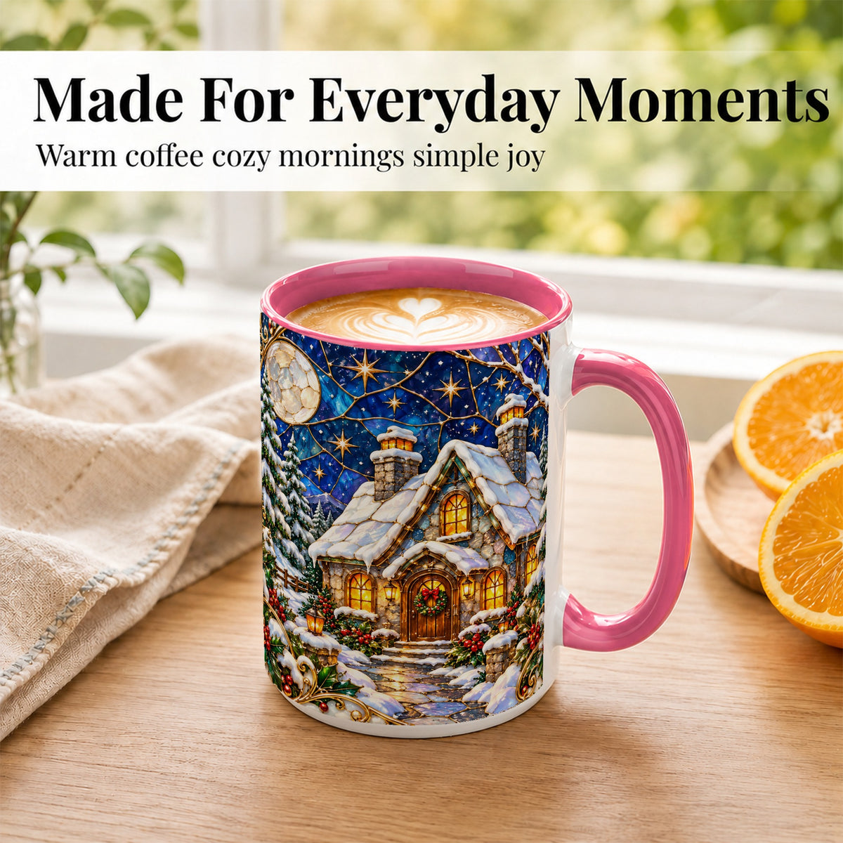 #pl[15oz|Pink] Winter Cottage Coffee Mug, Stained Glass Style Mug, Ceramic Cup