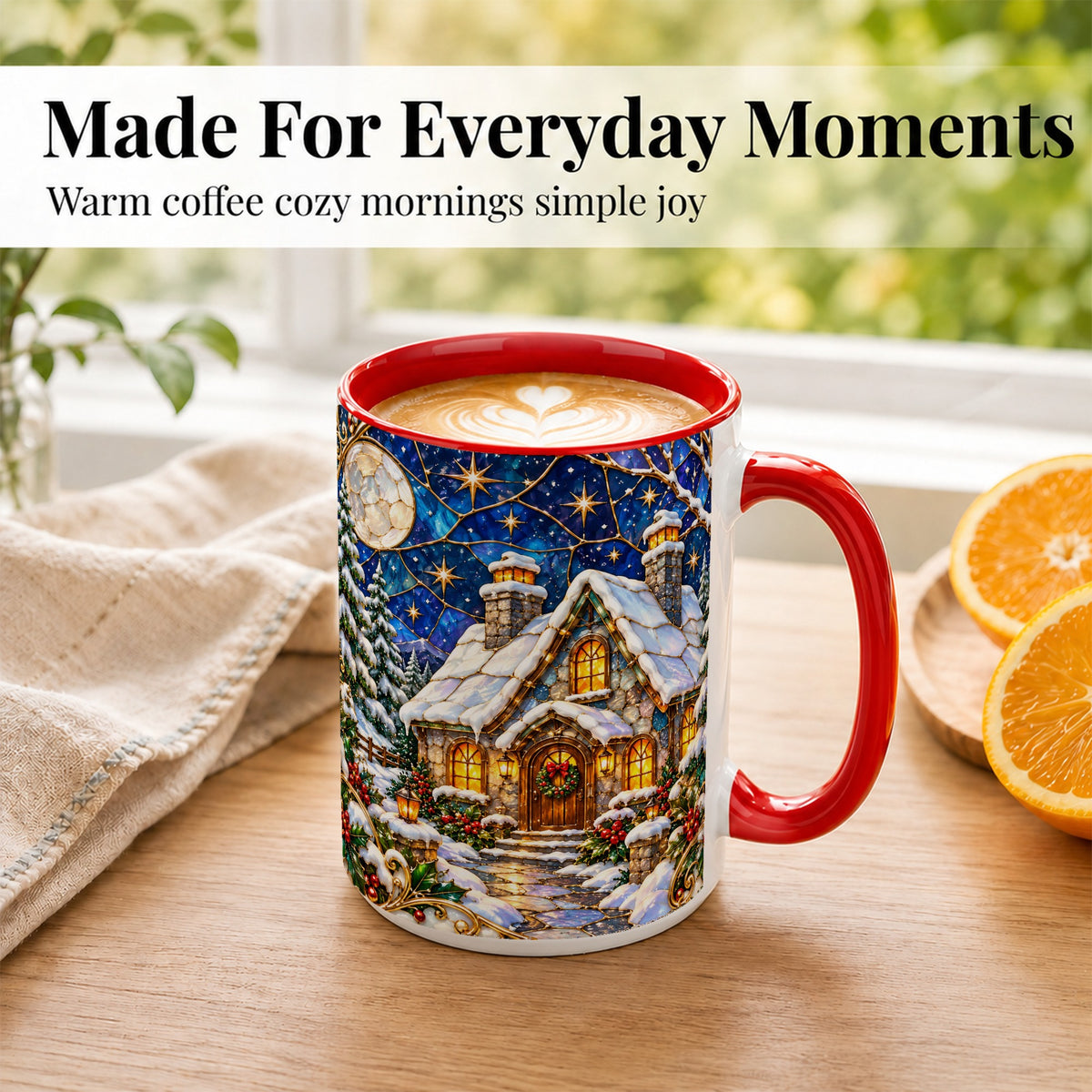 #pl[15oz|Red] Winter Cottage Coffee Mug, Stained Glass Style Mug, Ceramic Cup