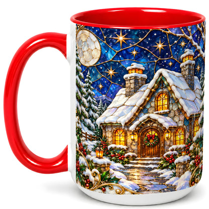 #pl[15oz|Red] Winter Cottage Coffee Mug, Stained Glass Style Mug, Ceramic Cup