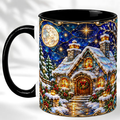 #pl[11oz|Black] Jeweled Winter Cottage Coffee Mug, Stained Glass Style Mug, Ceramic Cup