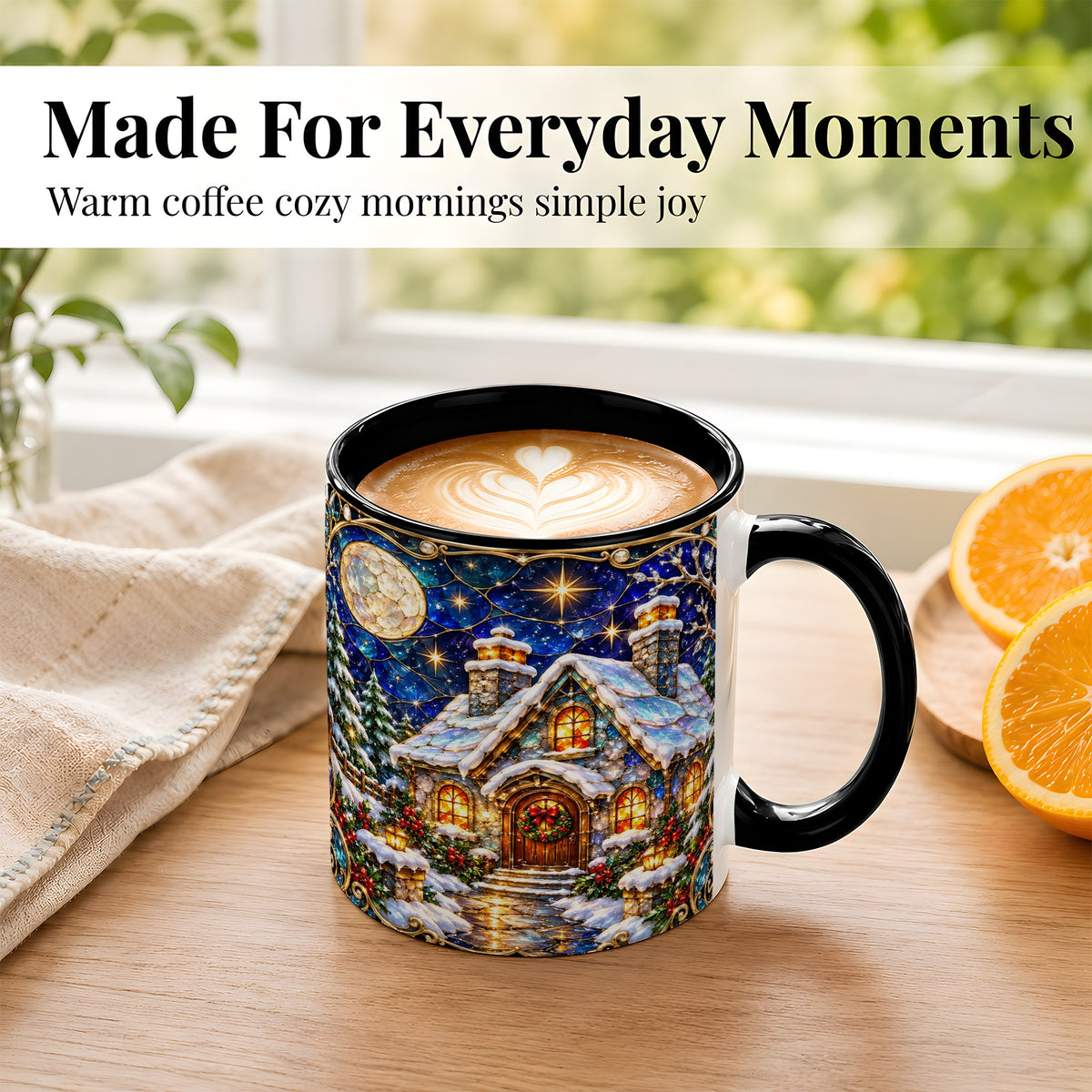 #pl[11oz|Black] Jeweled Winter Cottage Coffee Mug, Stained Glass Style Mug, Ceramic Cup