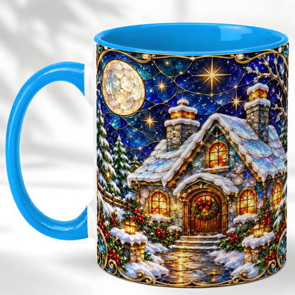 #pl[11oz|Blue] Jeweled Winter Cottage Coffee Mug, Stained Glass Style Mug, Ceramic Cup
