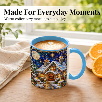 #pl[11oz|Blue] Jeweled Winter Cottage Coffee Mug, Stained Glass Style Mug, Ceramic Cup