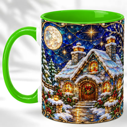 #pl[11oz|Green] Jeweled Winter Cottage Coffee Mug, Stained Glass Style Mug, Ceramic Cup