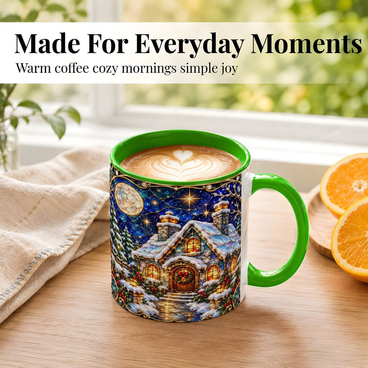 #pl[11oz|Green] Jeweled Winter Cottage Coffee Mug, Stained Glass Style Mug, Ceramic Cup