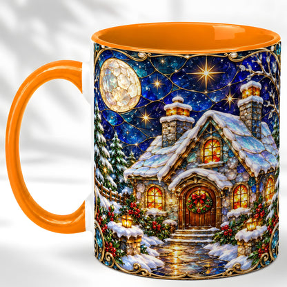 #pl[11oz|Orange] Jeweled Winter Cottage Coffee Mug, Stained Glass Style Mug, Ceramic Cup