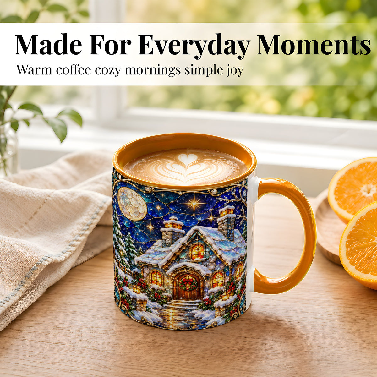 #pl[11oz|Orange] Jeweled Winter Cottage Coffee Mug, Stained Glass Style Mug, Ceramic Cup