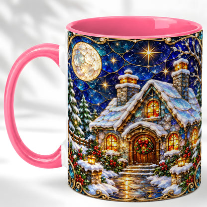 #pl[11oz|Pink] Jeweled Winter Cottage Coffee Mug, Stained Glass Style Mug, Ceramic Cup