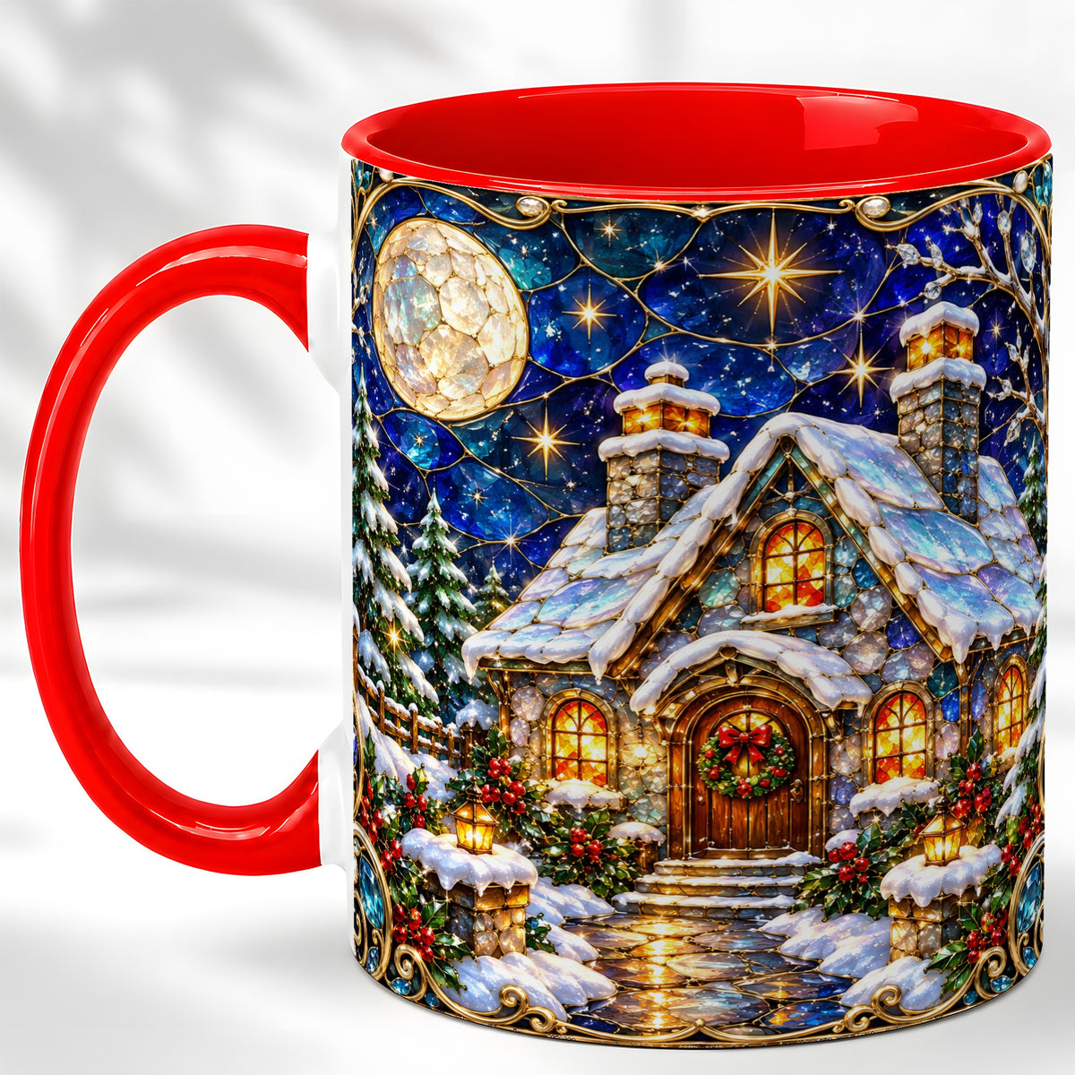 Jeweled Winter Cottage Coffee Mug, Stained Glass Style Mug, Ceramic Cup