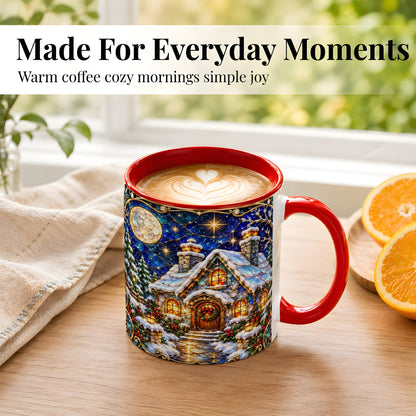 #pl[11oz|Red] Jeweled Winter Cottage Coffee Mug, Stained Glass Style Mug, Ceramic Cup