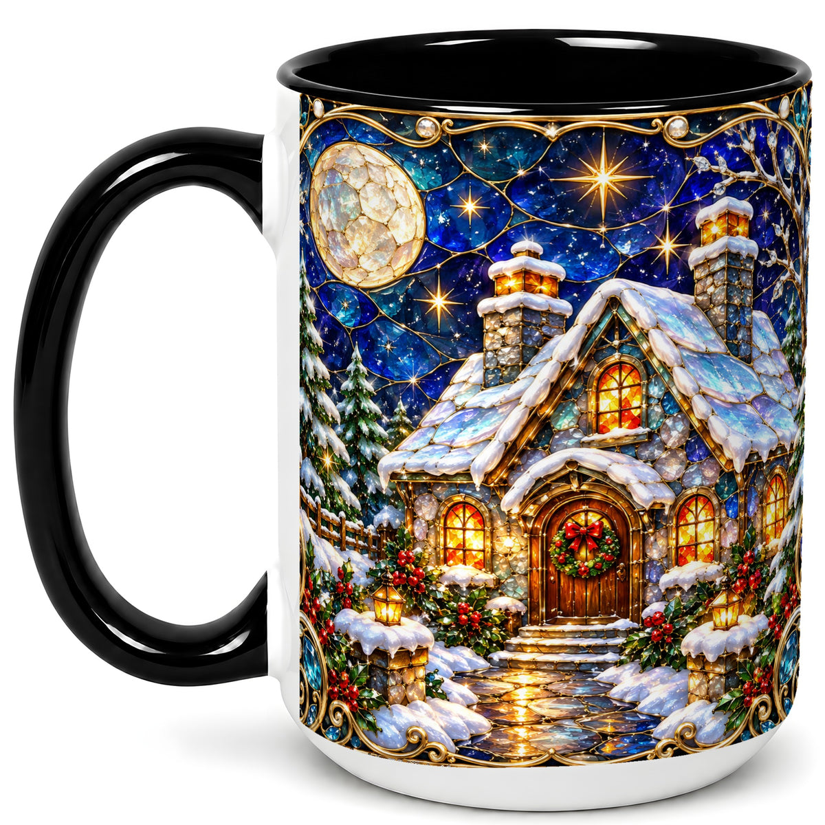 #pl[15oz|Black] Jeweled Winter Cottage Coffee Mug, Stained Glass Style Mug, Ceramic Cup