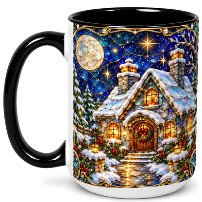 #pl[15oz|Black] Jeweled Winter Cottage Coffee Mug, Stained Glass Style Mug, Ceramic Cup