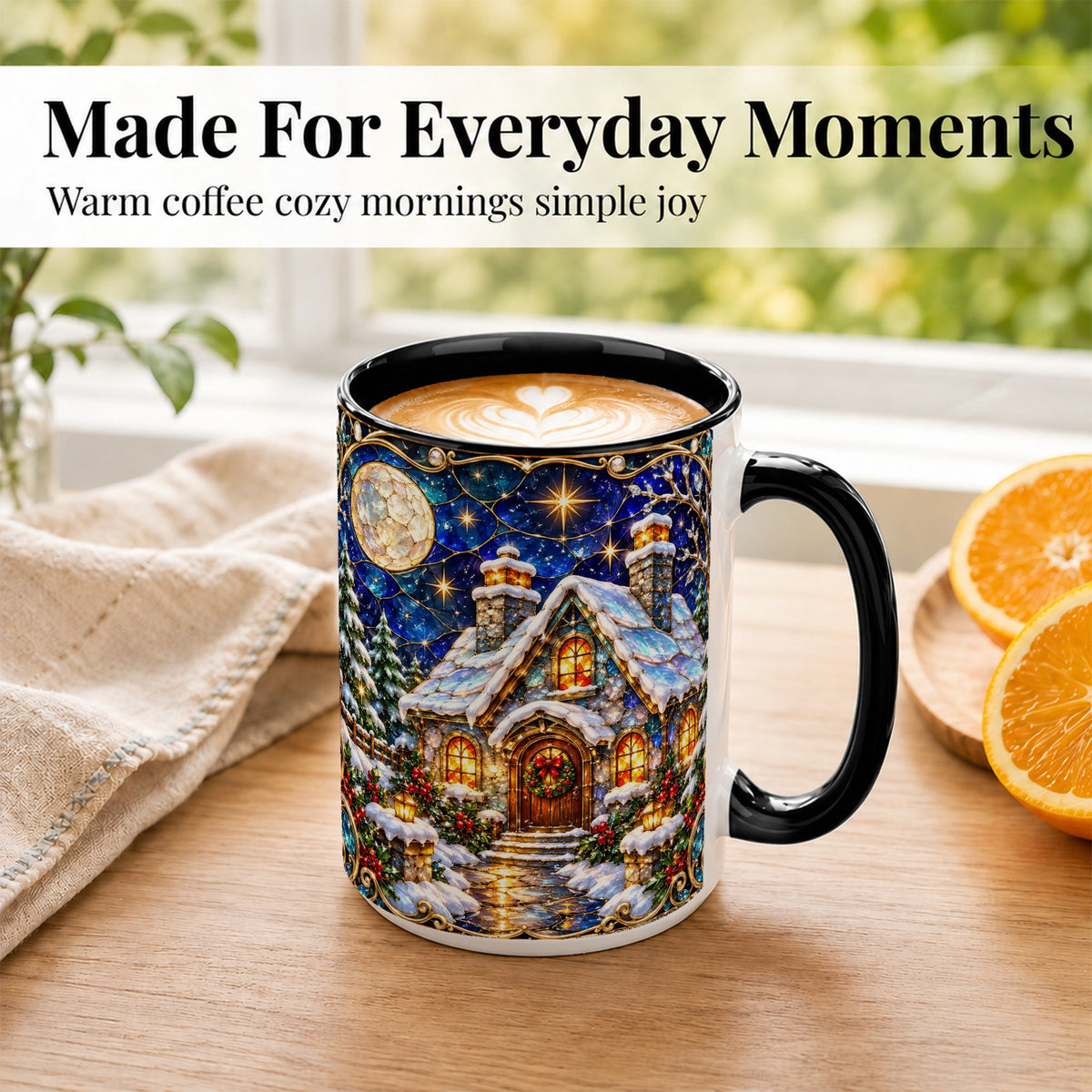 #pl[15oz|Black] Jeweled Winter Cottage Coffee Mug, Stained Glass Style Mug, Ceramic Cup
