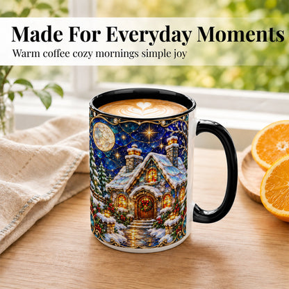#pl[15oz|Black] Jeweled Winter Cottage Coffee Mug, Stained Glass Style Mug, Ceramic Cup