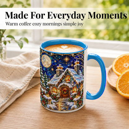 #pl[15oz|Blue] Jeweled Winter Cottage Coffee Mug, Stained Glass Style Mug, Ceramic Cup