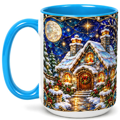 #pl[15oz|Blue] Jeweled Winter Cottage Coffee Mug, Stained Glass Style Mug, Ceramic Cup