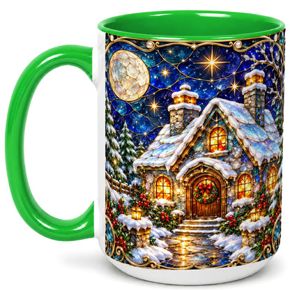 #pl[15oz|Green] Jeweled Winter Cottage Coffee Mug, Stained Glass Style Mug, Ceramic Cup